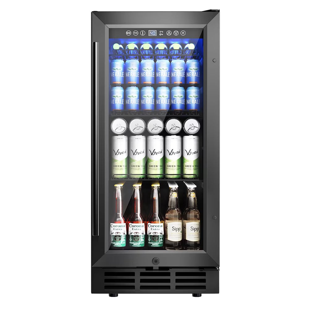 Beverage cooler displaying various drinks including beer and canned beverages with illuminated interior