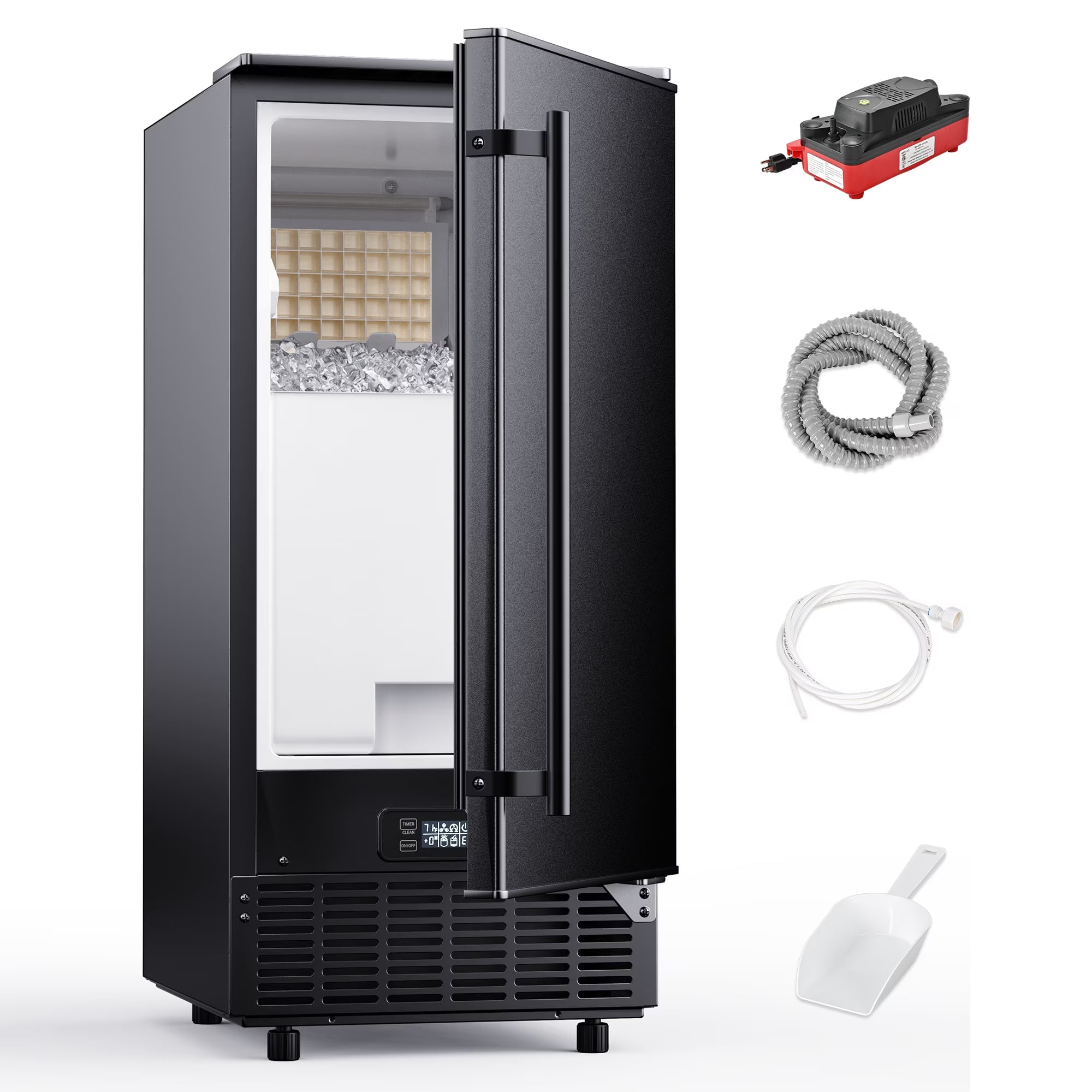 Euhomy commercial ice maker with power supply, drainage hose, water inlet tube, and ice scoop
