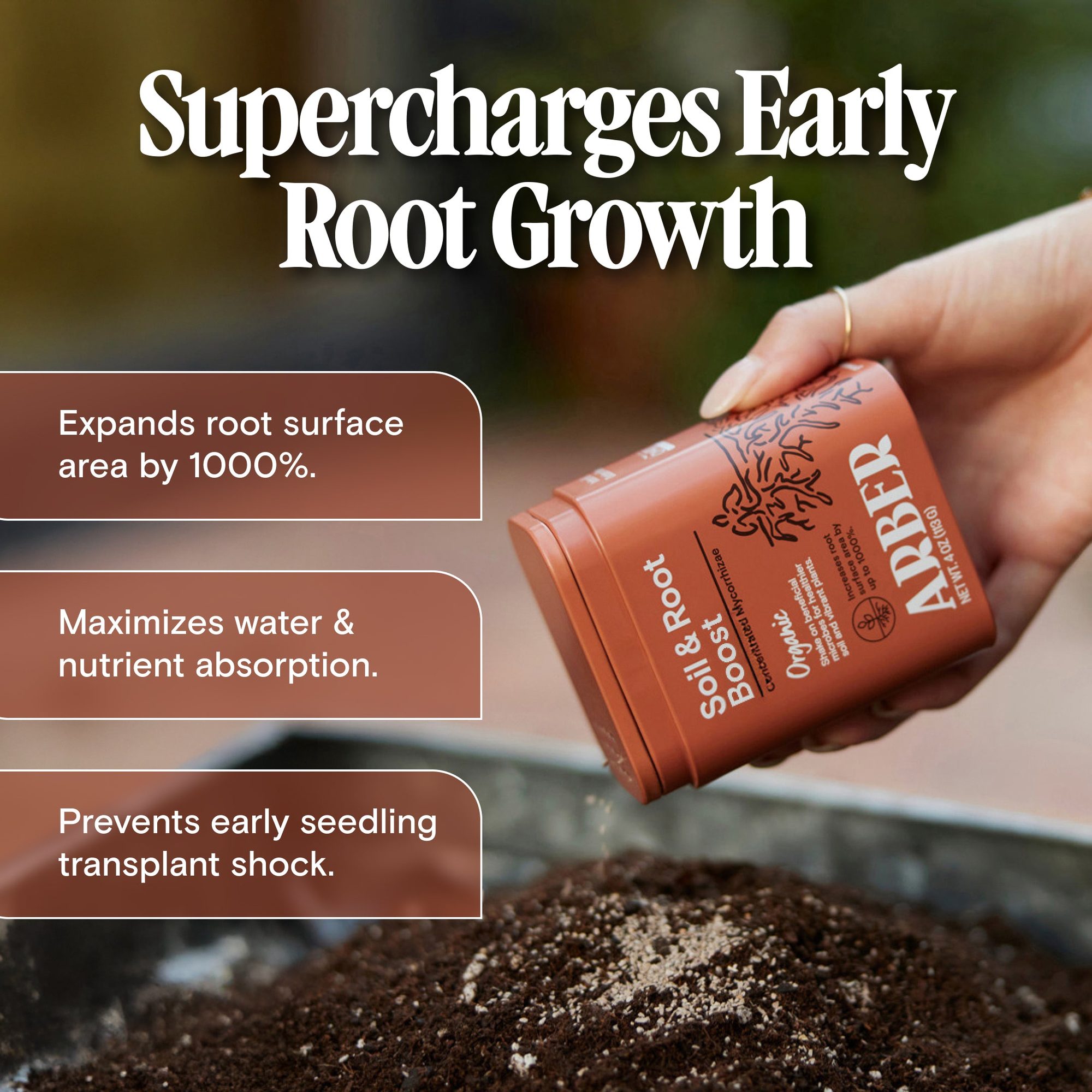 Hand holding terracotta-colored root growth supplement container above soil with text describing 1000% root surface area expansion and nutrient absorption benefits