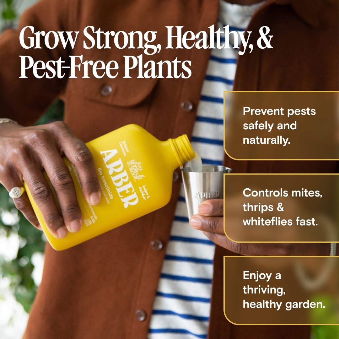 Person in striped shirt holding yellow insecticide bottle with text about pest prevention and healthy gardens
