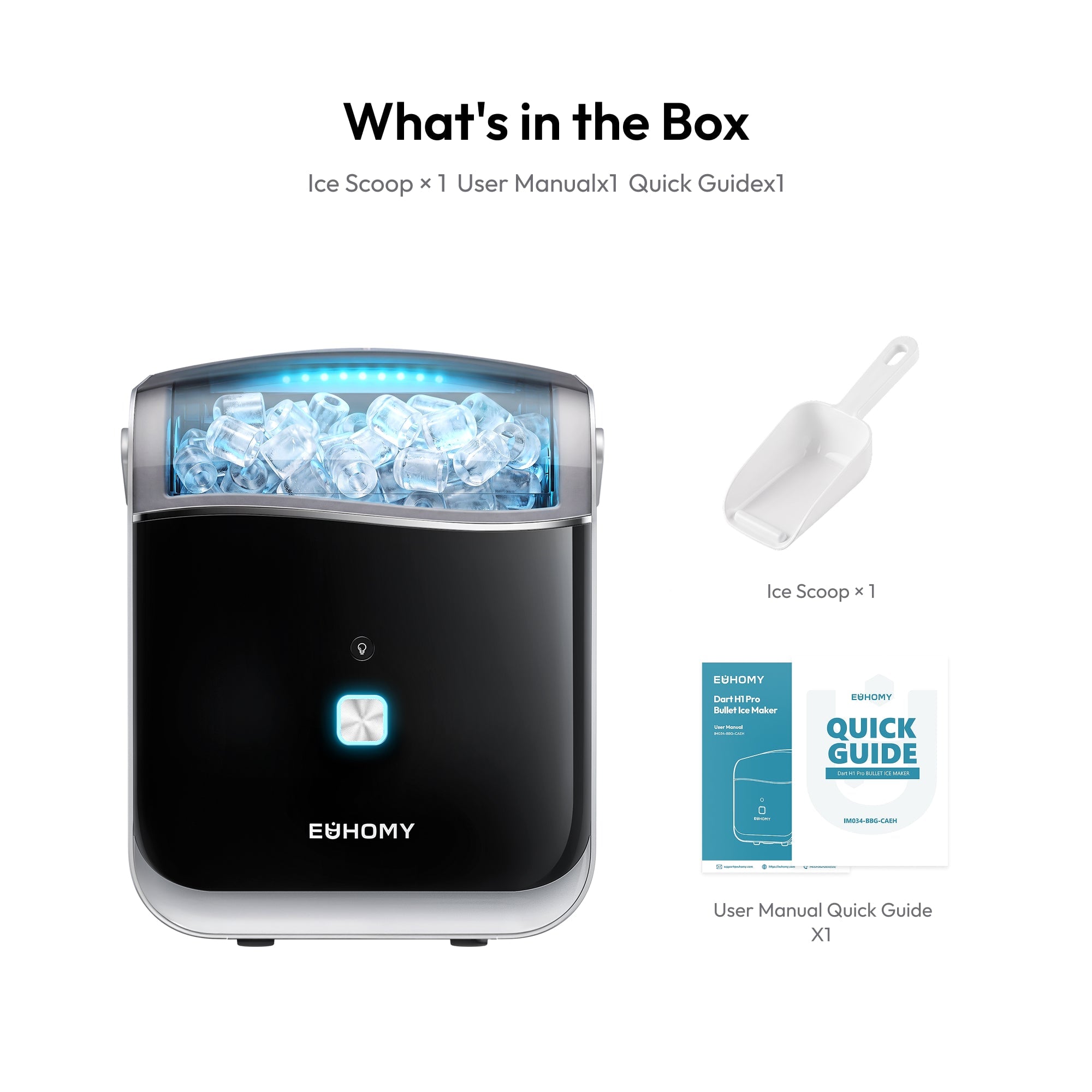 Euhomy bullet ice maker with ice scoop and user manual quick guide included in box