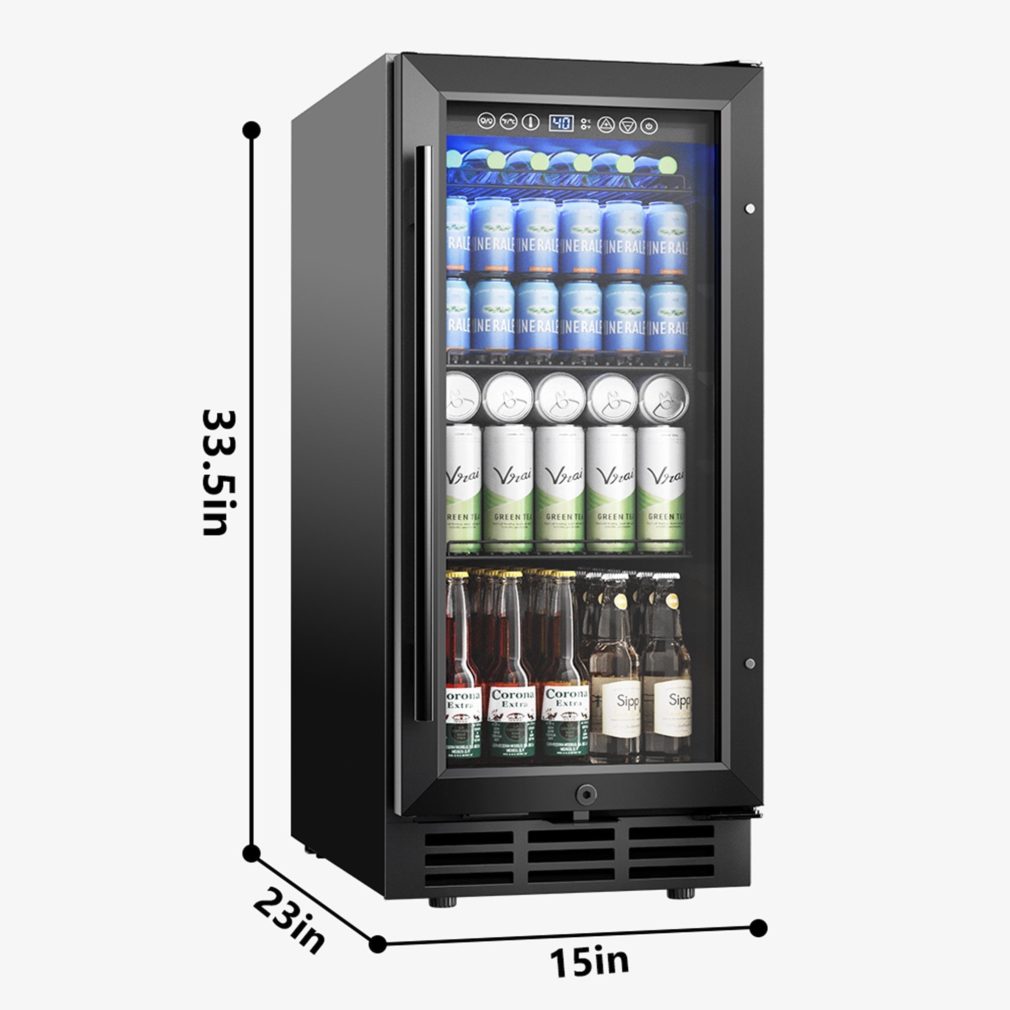 Beverage cooler cabinet dimensions showing 33.5 inches height, 23 inches depth, and 15 inches width
