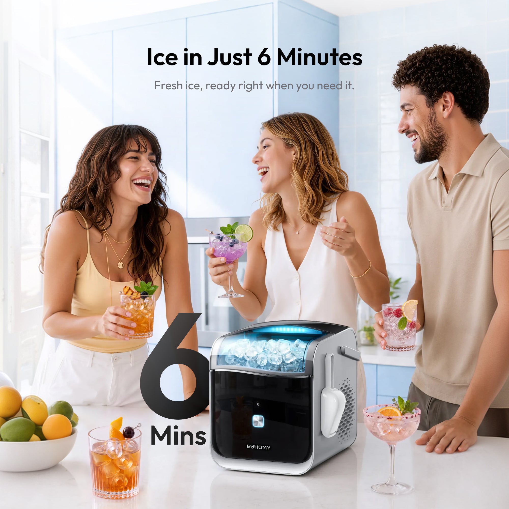 Three young adults enjoying beverages with an ice maker on the counter behind them