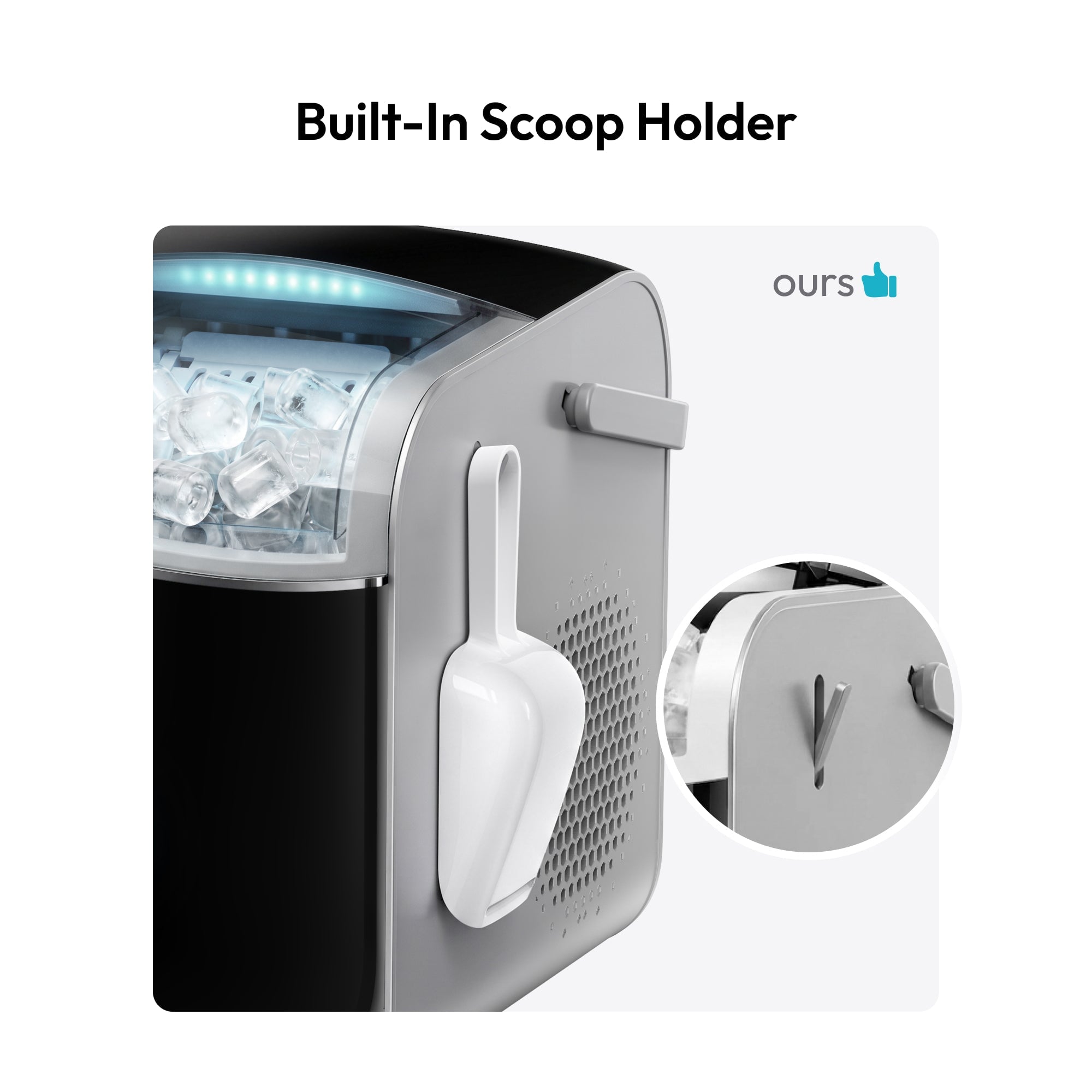 White scoop holder attached to side of ice maker for convenient access