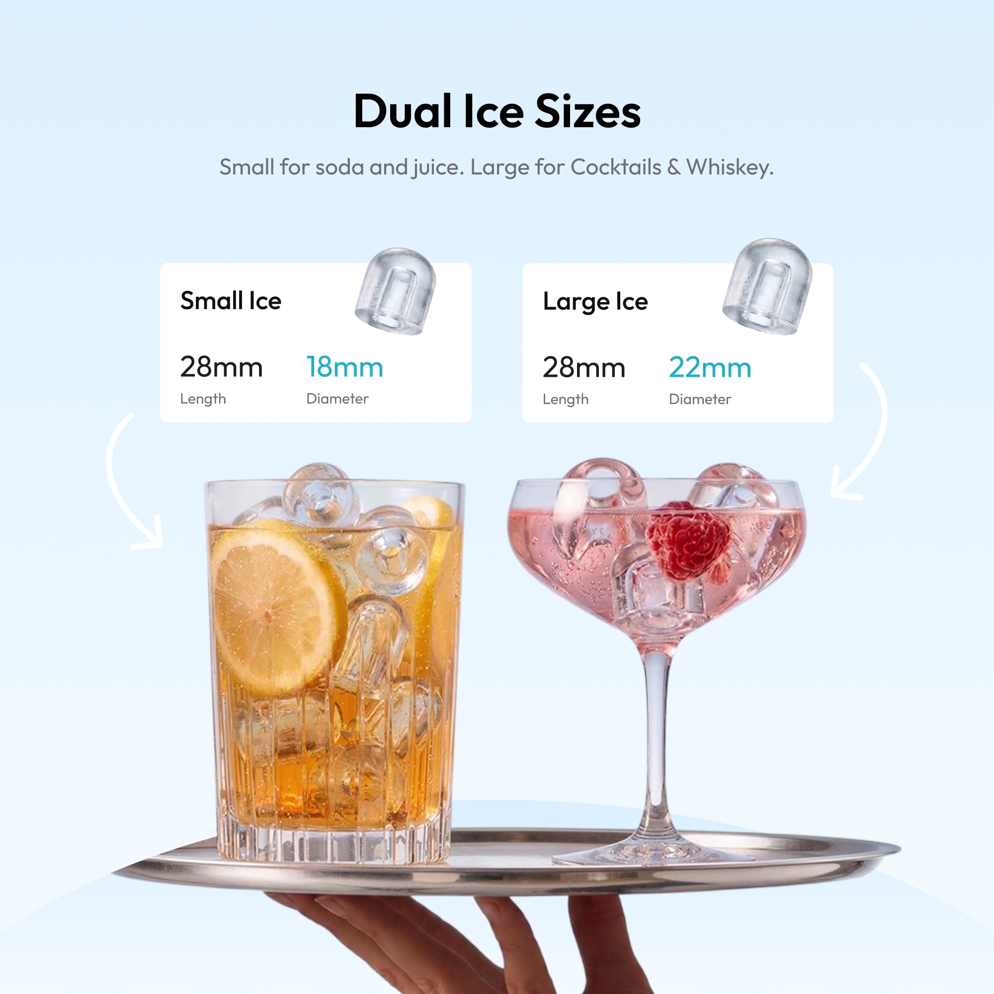 Small 18mm and Large 22mm ice cube dimensions with comparison drinks in glasses